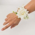 2 Pack White Silk Rose Wrist Corsage With Pearls, 4 Flower Bracelet Wedding Accessories