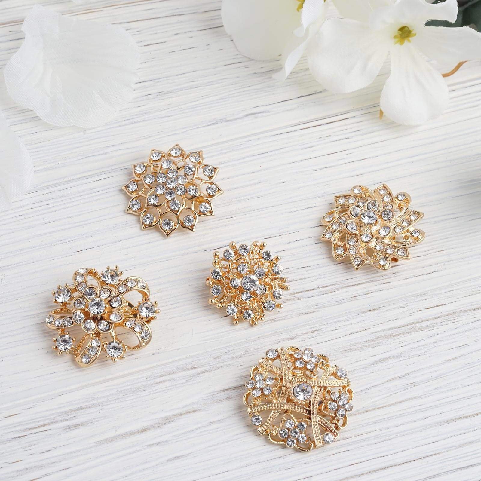 5 Pack Gold Plated Mandala Crystal Rhinestone Brooches - Vintage Floral Sash Pins for Chic Bouquet Decor - Image 1