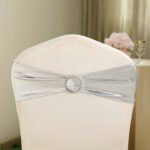 5 Pack Metallic Spandex Chair Sashes Silver - Durable Stretch Chair Bands With Round Diamond Buckles