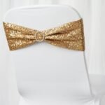 5 Pack Sequin Spandex Chair Sashes 6x15 Gold - Shimmering Stretch Chair Bands for Festive Celebrations
