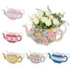 6 Pack Mixed Paper Teapot Favor Boxes with Vintage Floral Design, Flower Boxes Centerpiece Tea Party Supplies - 10x3.5x5