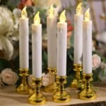 Set of 6 LED Taper Candles 10 Flickering White - Battery Operated Window Candles with Removable Gold Holders