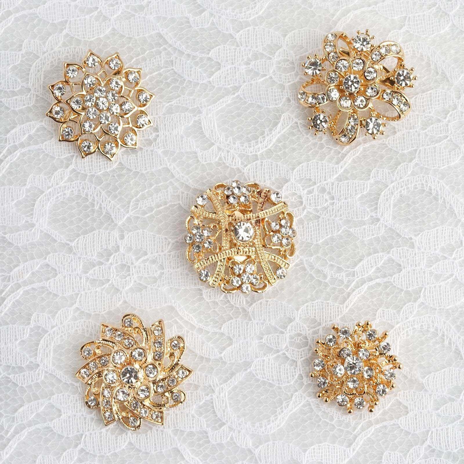 5 Pack Gold Plated Mandala Crystal Rhinestone Brooches - Vintage Floral Sash Pins for Chic Bouquet Decor - Image 8